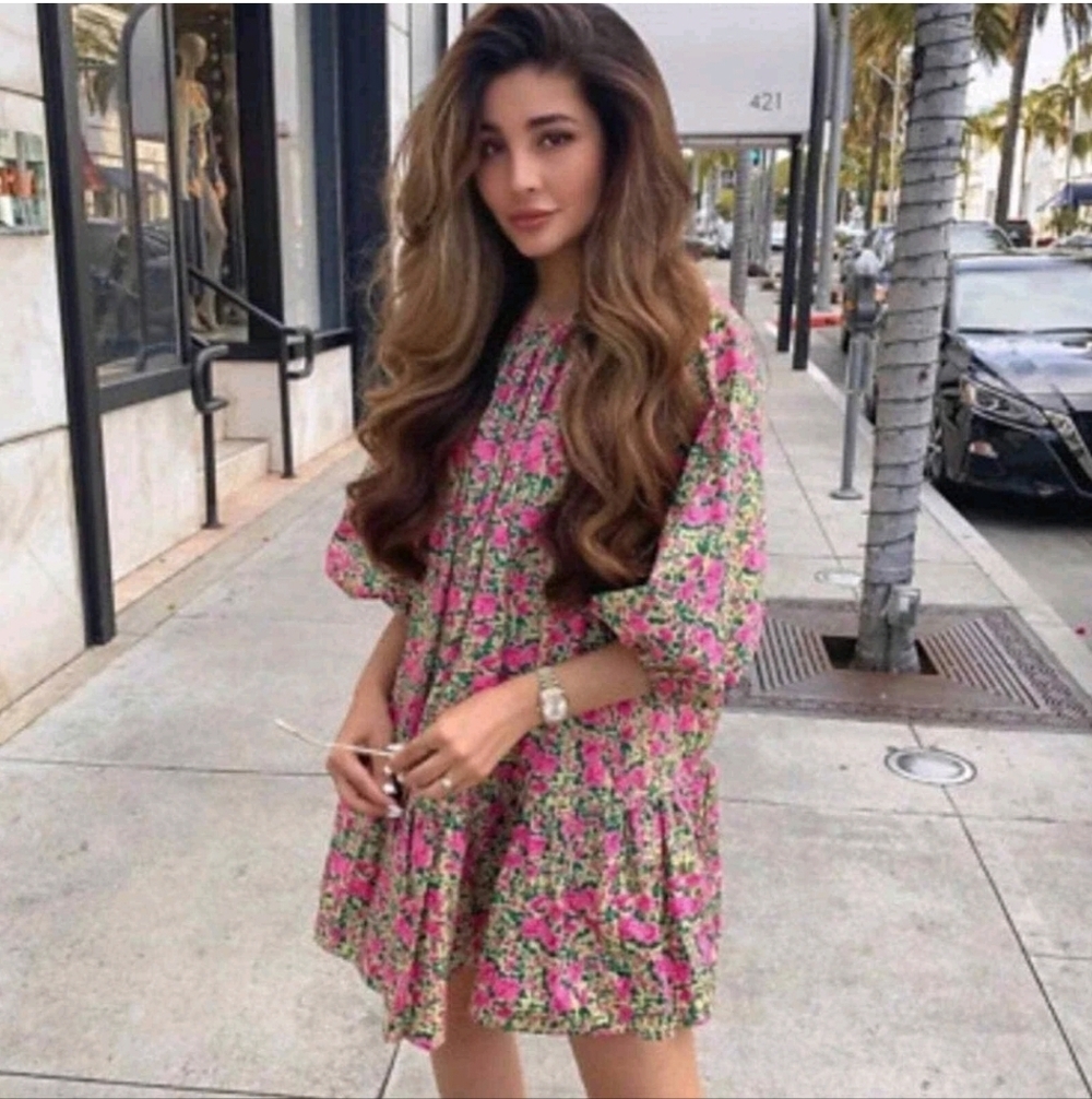Zara Floral Drop Waist Feminine Mini Dress Size Sm 3/4 Puff Sleeve